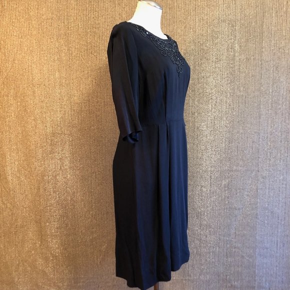 Antique Black Dress With Beaded Upper Bodice, Zippered Back and 3/4 Sleeves - Picture 5 of 16